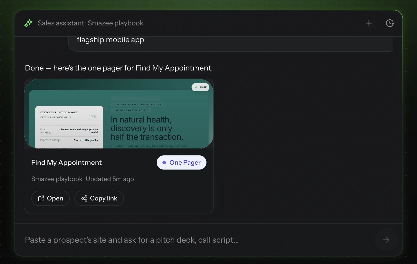 Edithly sales assistant returning a finished one pager in the chat