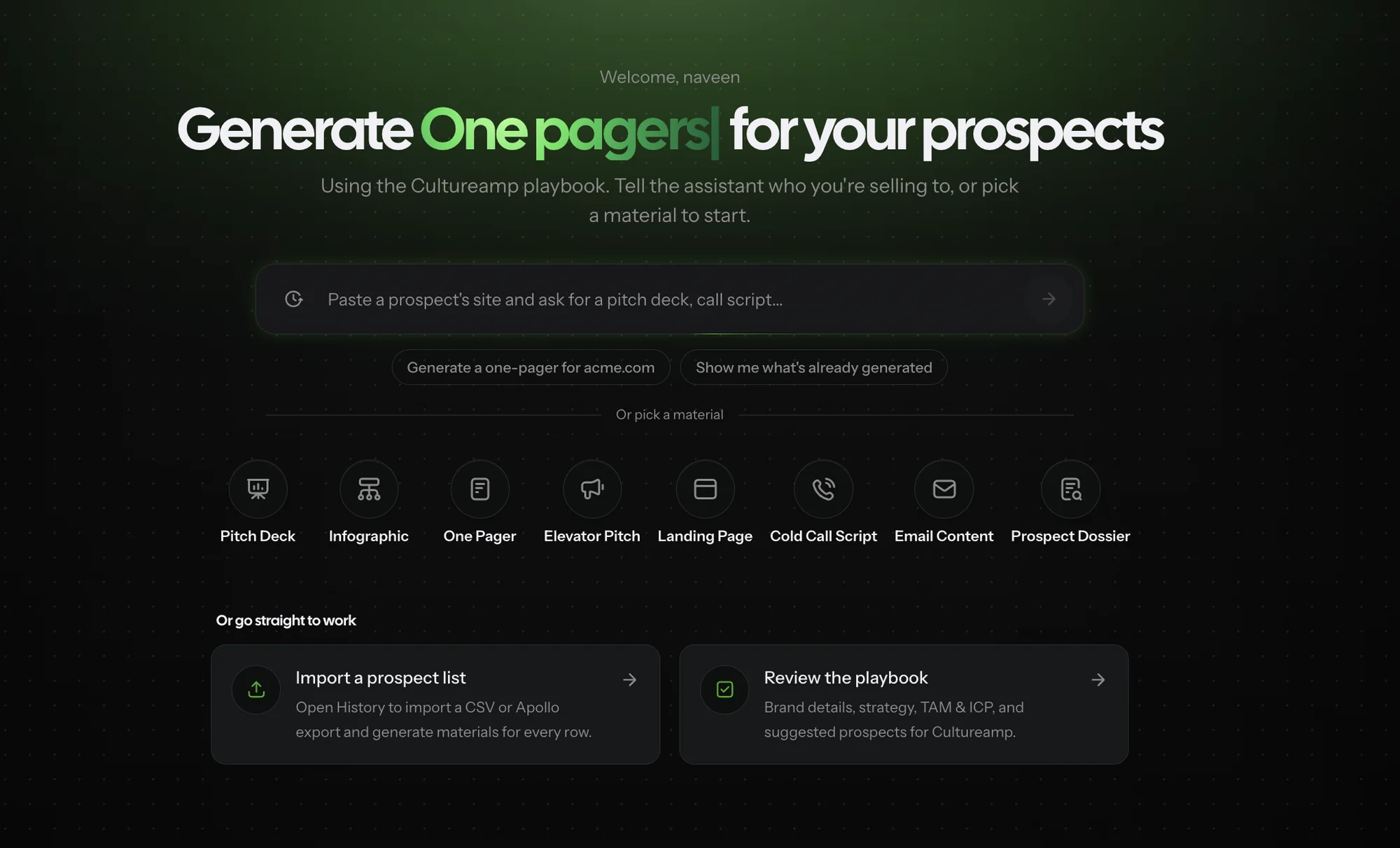 A workspace home in Edithly: ask the assistant or pick a material to generate for a prospect