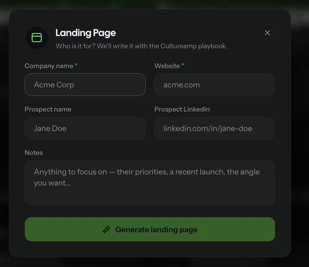 Quick generate form for a landing page: company, website, prospect name, LinkedIn and notes