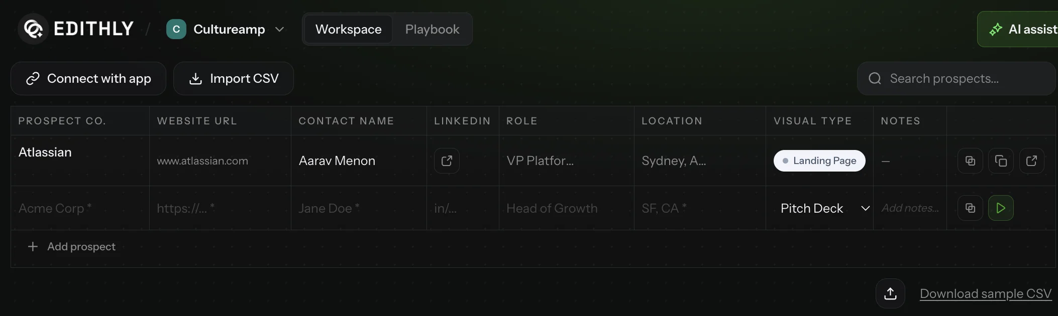 Prospect table in an Edithly sales workspace with the sales assistant open